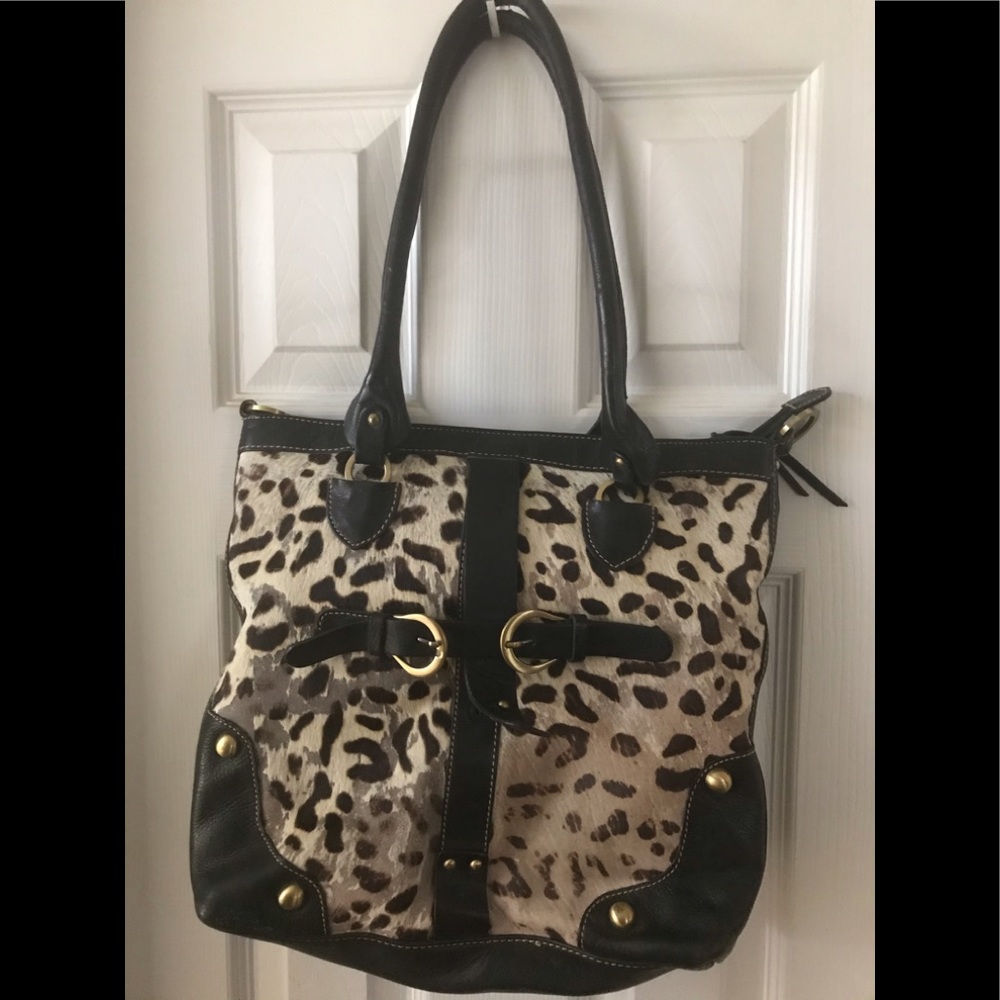MICHAEL ROME DESIGNS LEATHER ANIMAL PRINT FUR BAG
